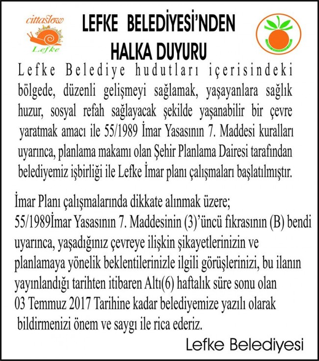 Lefke Belediyesi&#039;nden Halka Duyuru